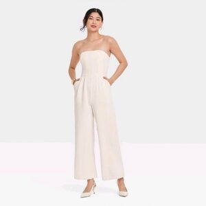 a new day Strapless Jumpsuit Wide Leg Cream Minimalist Crepe Pantsuit XS